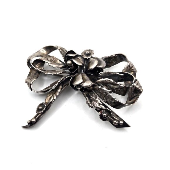 HOBE sterling silver floral bow brooch very vintage and lovely patina - Picture 7 of 8